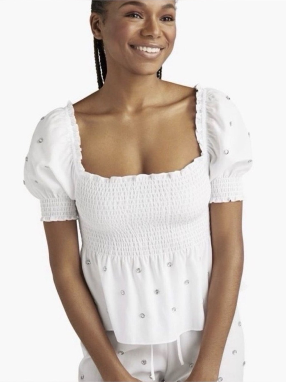 Hill House Home Jeweled Jammie Top White Smocked Puff Sleeve Size M